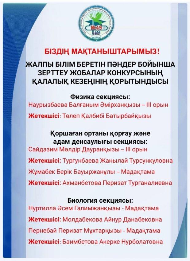 ЖАЛПЫ БІЛІМ БЕРЕТІН ПӘНДЕР БОЙЫНША ЗЕРТТЕУ ЖОБАЛАР КОНКУРСЫНЫҢ ҚАЛАЛЫҚ КЕЗЕҢІНІҢ ҚОРЫТЫНДЫСЫ